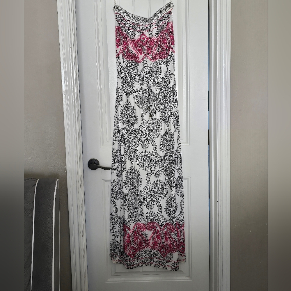 Hale Bob Strapless Maxi Dress Black White Paisley Pink Embroidered Drawstring S - Picture 7 of 14